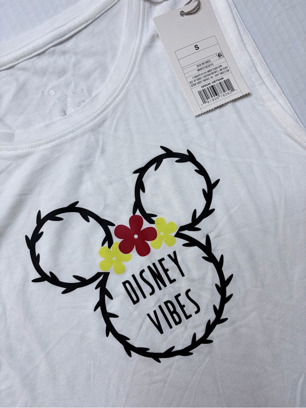 a new day White Tank with Black Mickey Outline and Red & Yellow Flowers